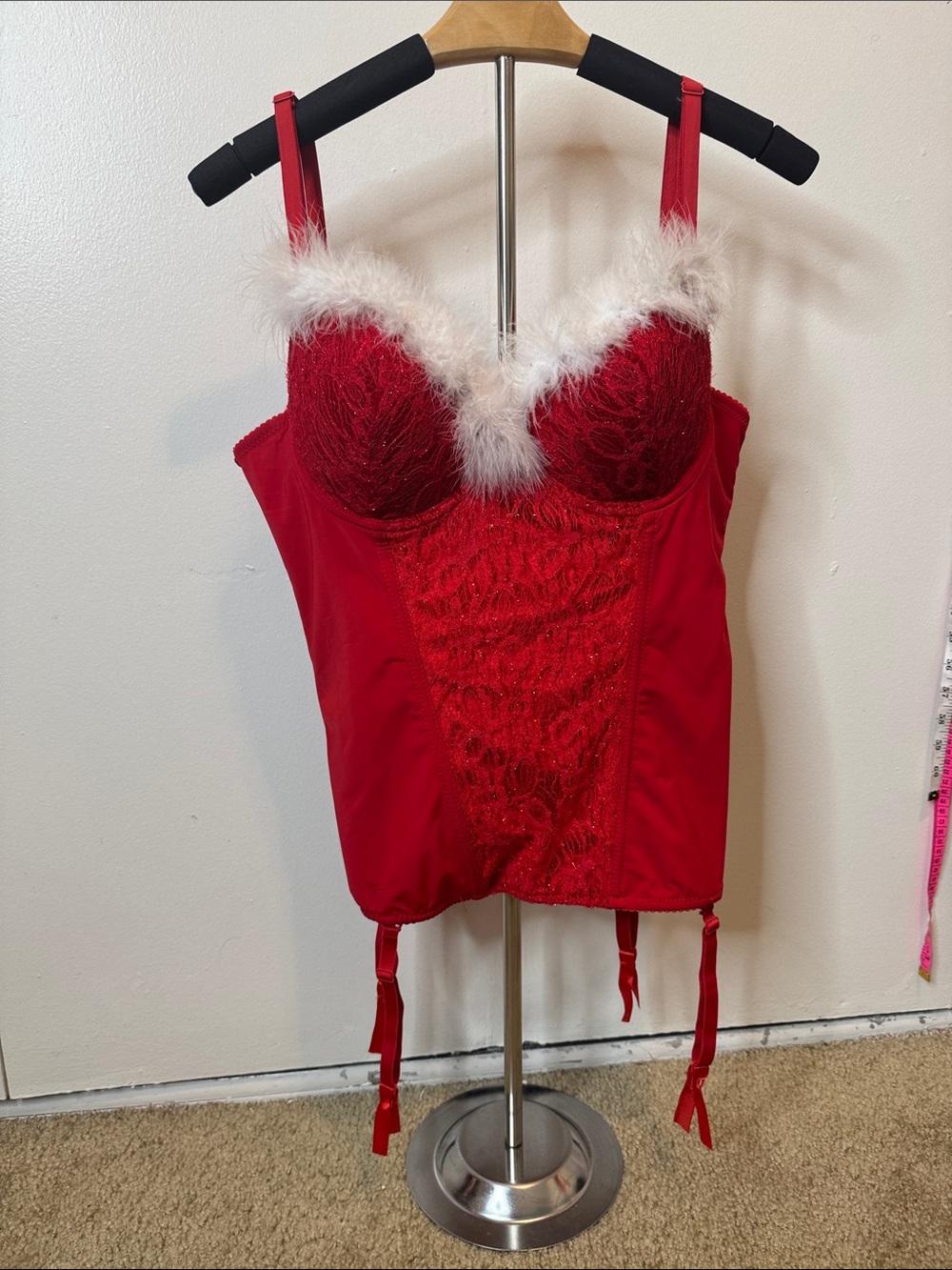 Red Lace Corset Bustier with Feather Trim